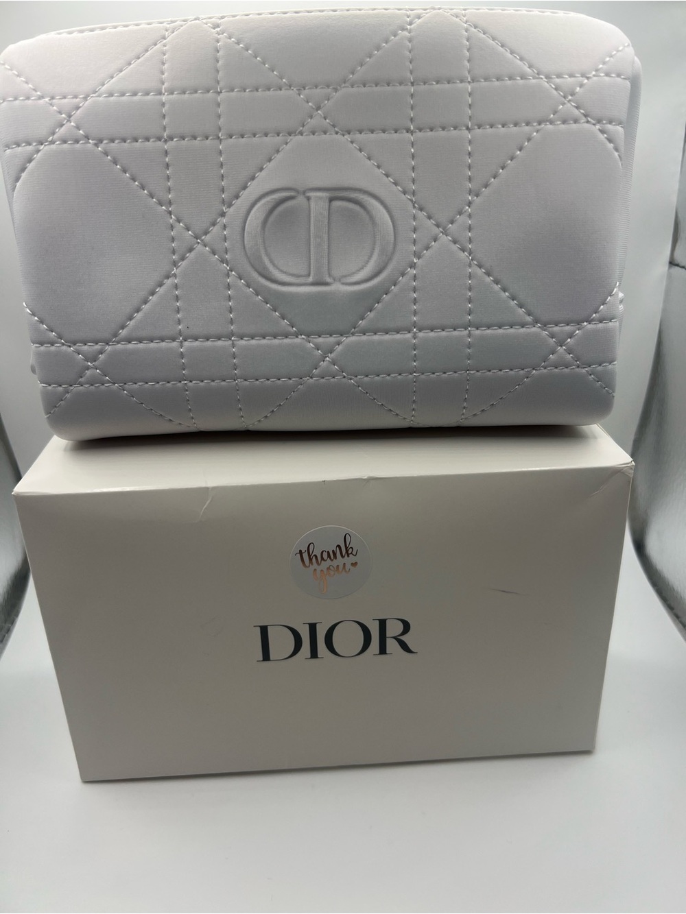 Dior White Quilted Cosmetic Pouch with CD Emboss